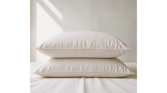 Two white pillows on a bed with a light background