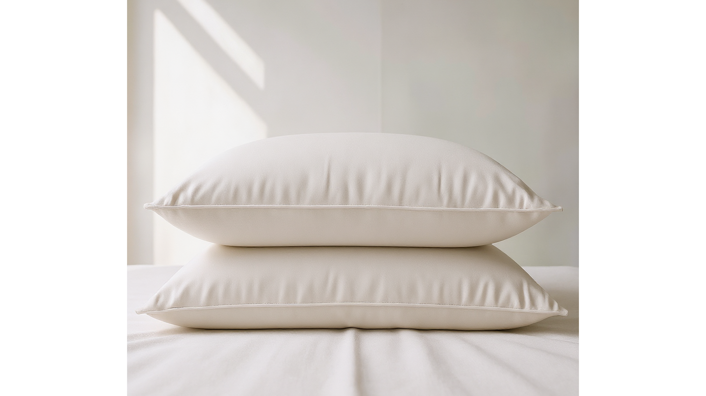 Two white pillows on a bed with a light background
