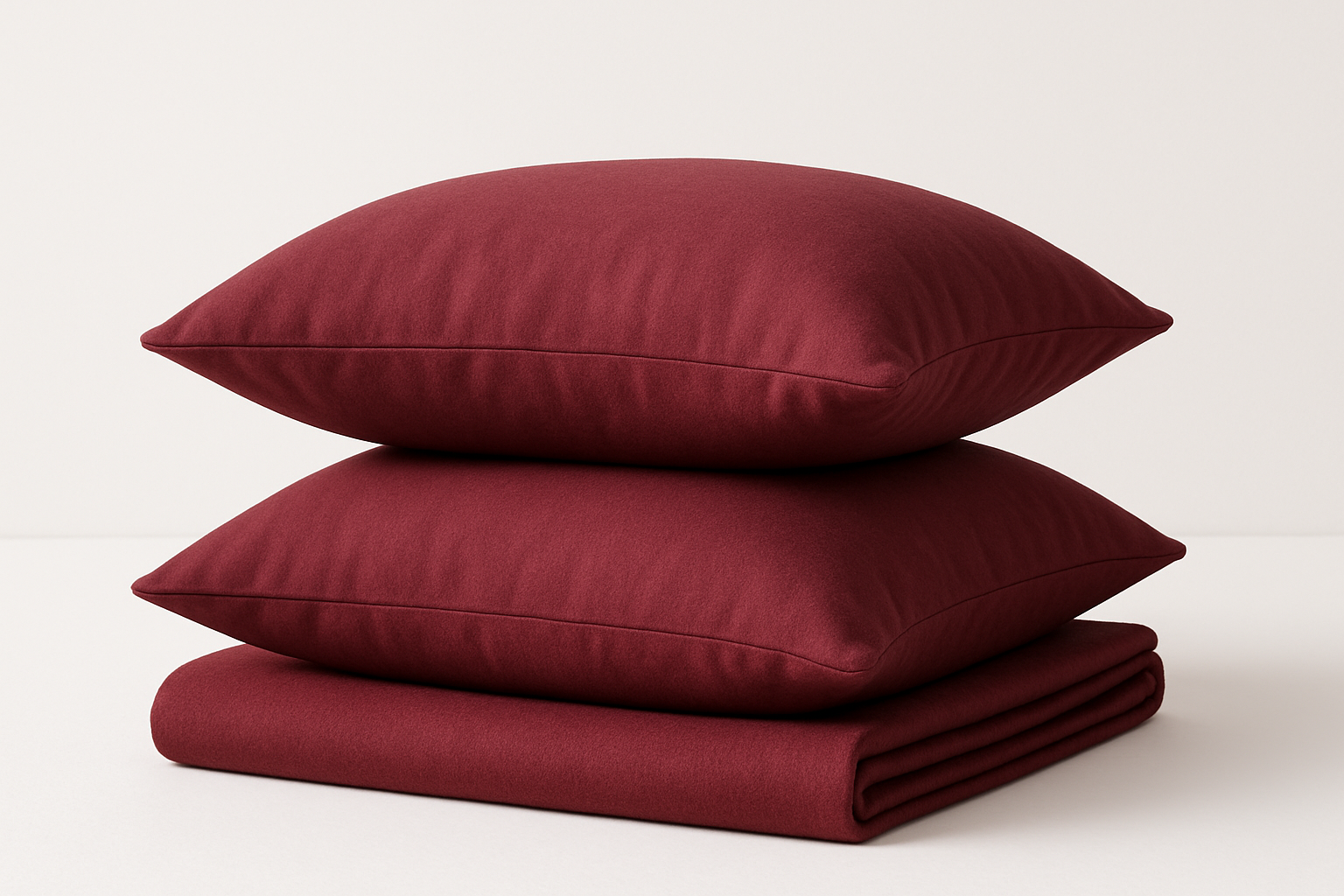place two pillows on top of the other with a folded bedsheet underneath and their color should be maroon and keep the background plain white 